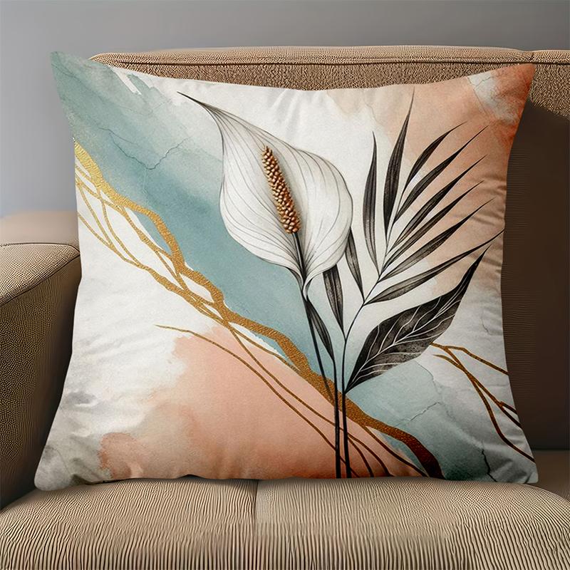 1 Pieces Floral Patterned Cushion With Gold Lines Decor Polyester Pillowcase, Sofa Decorative Cushion Cov Headboard Pillow