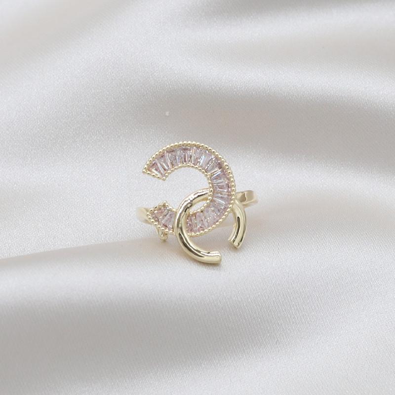 Korea Design Fashion Jewelry 14K Real Gold Plated Letter Cross Zircon Ring Luxury Women's Prom Party Opening Adjustable Ring