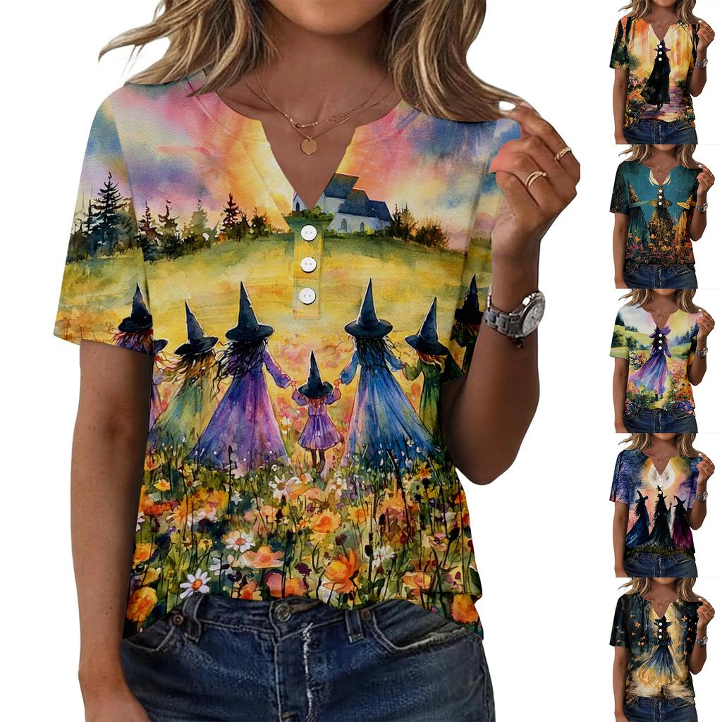 Women's Halloween V Neck Short Sleeve T-Shirt with Button Casual Top