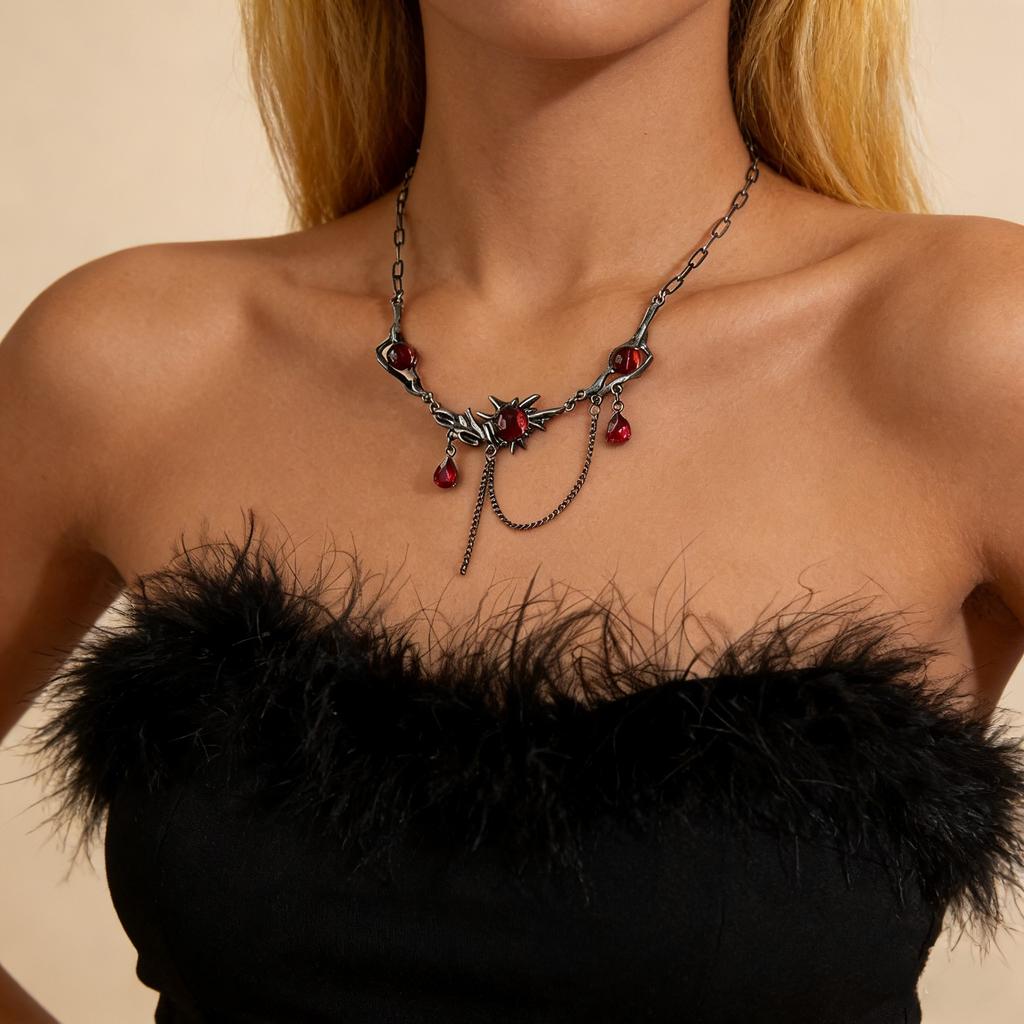 Niche Gun Black Fringed Red Zircon Gothic Clavicle Chain Women European Cross-border Dark Wind Punk Daily Party Neck Accessory Gift
