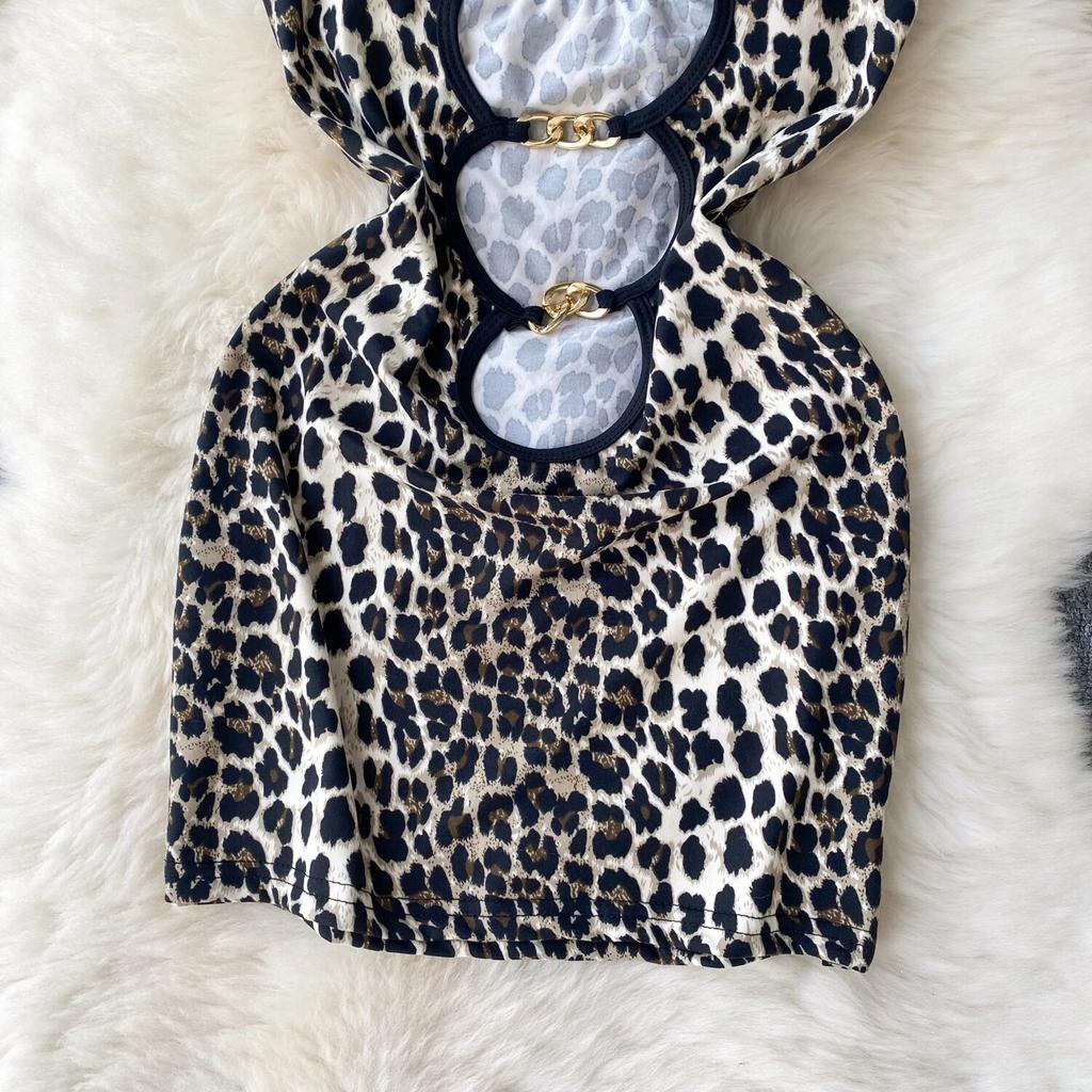 American Fashion Halter Leopard Camis Dress Women Vintage Hollow Out Backless Slim Dresses Female Club Sexy Sensual Strappy Mini Dress 2024