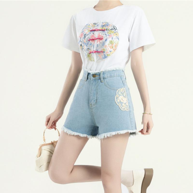 Summer New Denim Shorts New Chinese Style National Style High Waist Women's Personalized Embroidered National Trend A-line Hot Pants