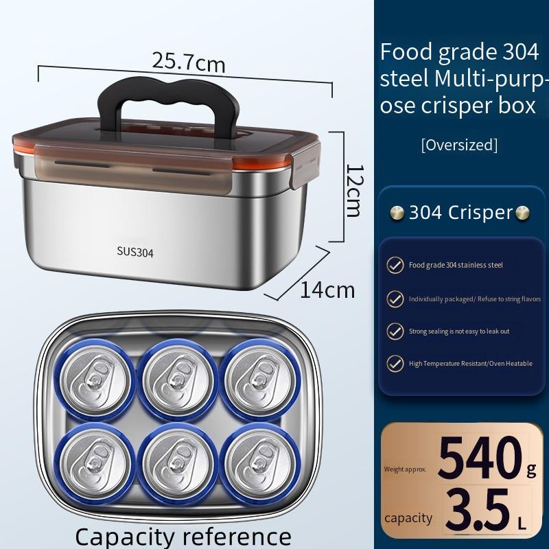 Food Grade 304 Stainless Steel Bento Box - Large Capacity Sealed Storage Box with Handle, for Household Refrigerator & Picnic
