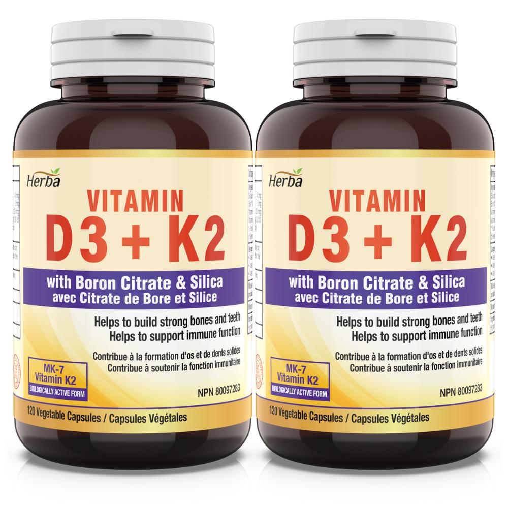 Vitamin K2 D3 MK-7 120 Vegetable Capsules 1000 IU 120 mcg Menaquinone-7 Boron Silica Included Herba Canada 120 Tablets 2 pcs