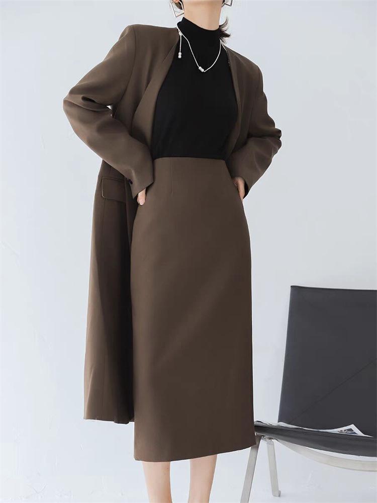 Women's Mid-Length Coffee-Colored A-Line High-Waisted Slit Skirt