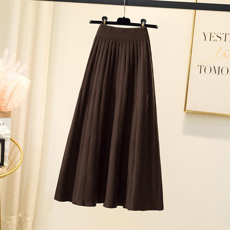 Knitted Skirt for Women Autumn and Winter High Waist Mid Length A-line Pleated Skirt
