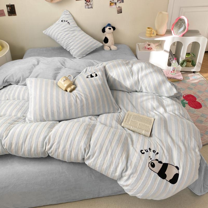 Small Fresh Skin-friendly and Comfortable Cartoon Wind Milk Fleece Striped Sticker Embroidery Four-piece Set