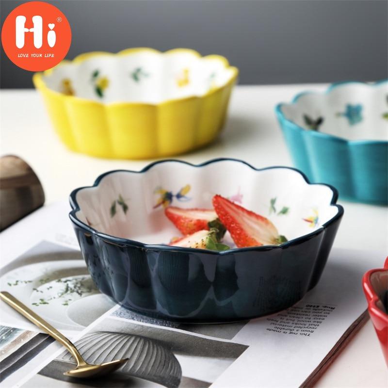Hi Nordic Simple Hand Painted Ceramic Salad Cake Bowl Colorful Porcelain Soup Fruit Bowl Lace Rice Dessert Snack Bowl Tableware