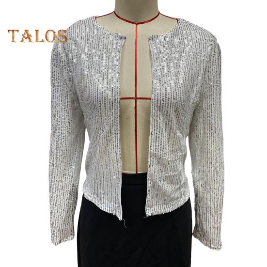 Frühling Herbst Dame Mantel Pailletten Schneiden Lange Ärmeln Offenen Stich Strickjacke Club Party Leistung Kurze Art Jacke