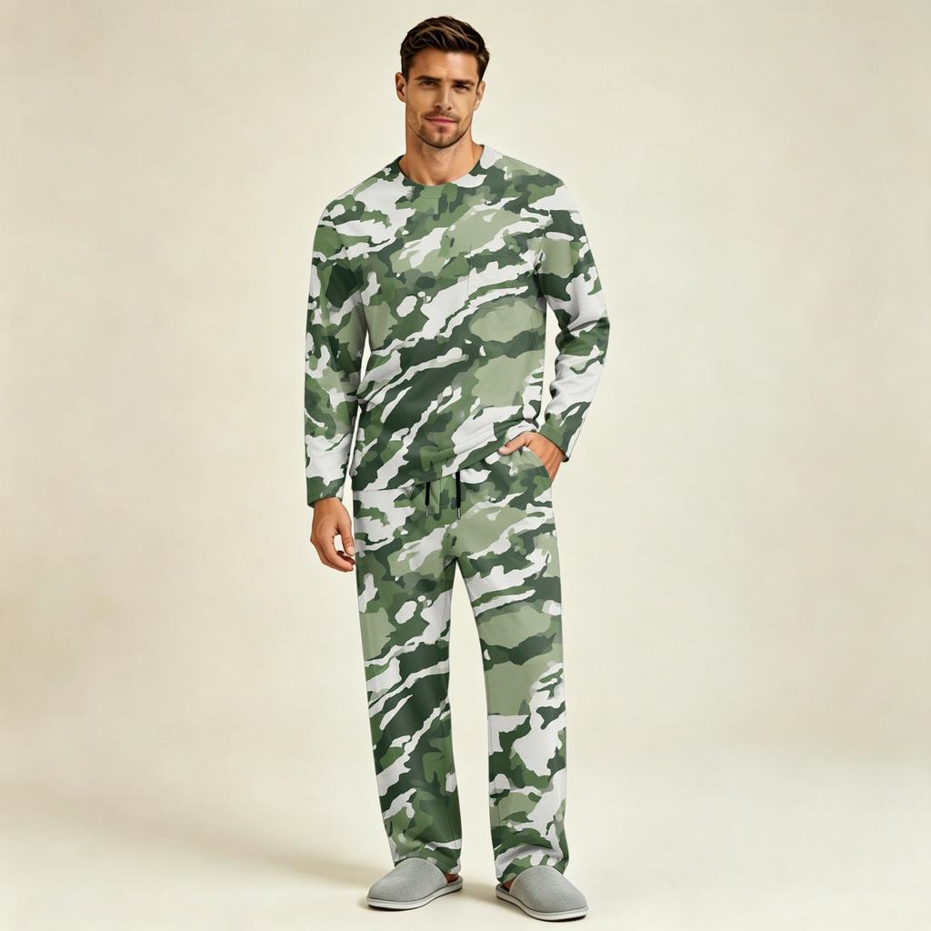 Men's Long Sleeve Pajama Set with Button Crotch and Elastic Drawstring Waist Pants for Home Loungewear