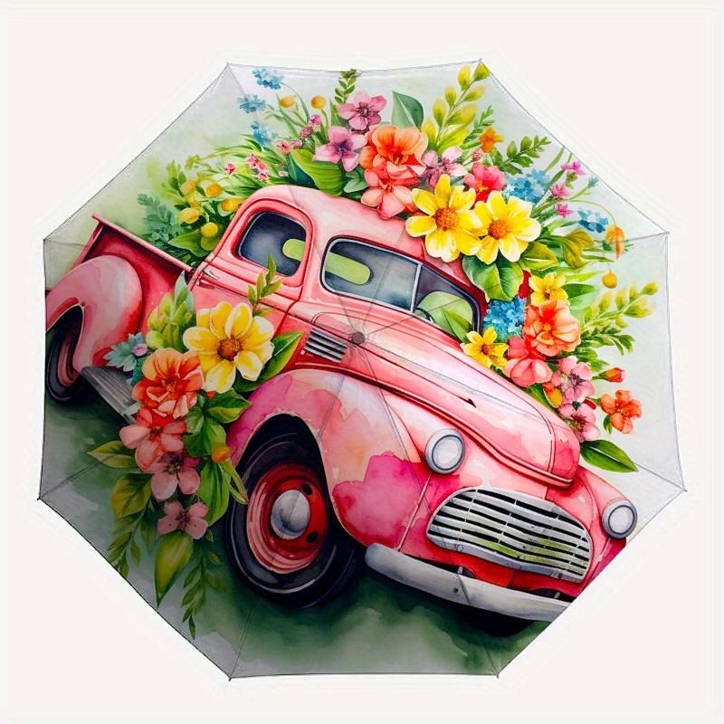 Vintage Pink Truck with Colorful Flowers - Watercolor Art PrintUmbrella, Portable 3-Fold Compact Umbrella for Men & Women Gift