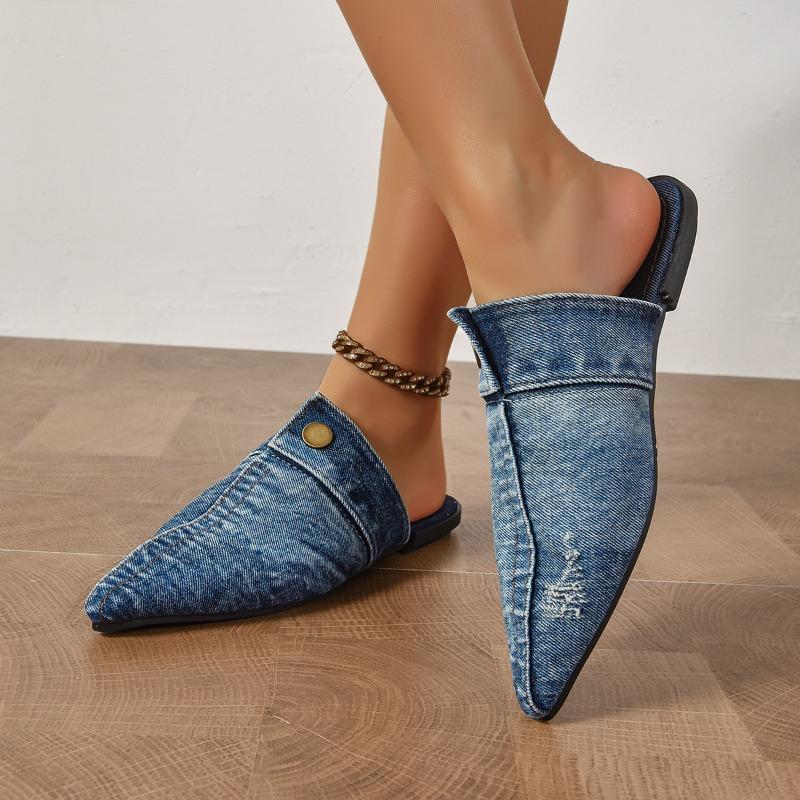Women’s Pointed-Toe Denim Closed-Toe Slip-On Sandals, Summer Casual Wear, Wide Size