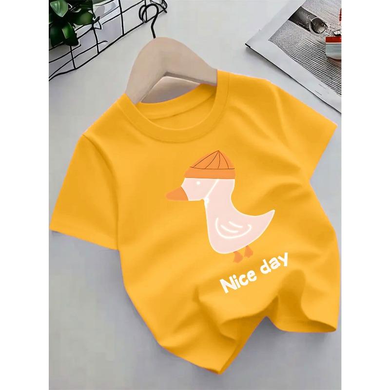 European Sizes Girls' Cute Duck Print Short Sleeve T-Shirt - Summer Yellow Top with Pink Duck & Day Text, Lightweight Round