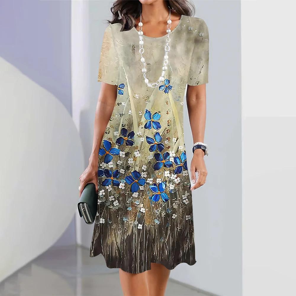 

Летнее женское круглое шея с коротким рукавом и принтом, модное свободное платье миди 3XL