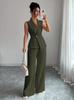 Womens Sleeveless V Neck Blouse Wide Leg Pants Set Solid Color Suit