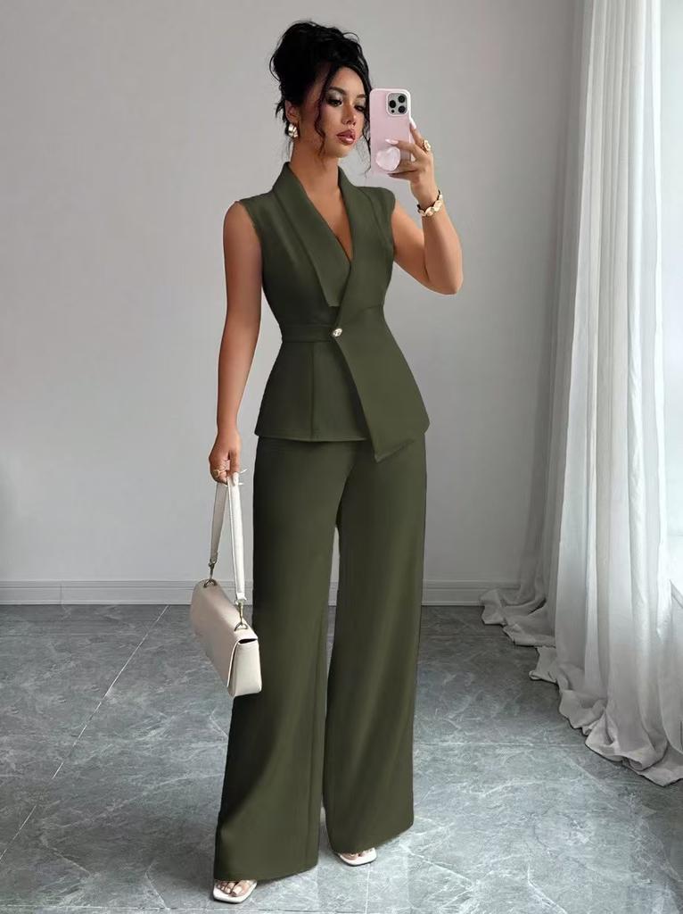 Womens Sleeveless V Neck Blouse Wide Leg Pants Set Solid Color Suit