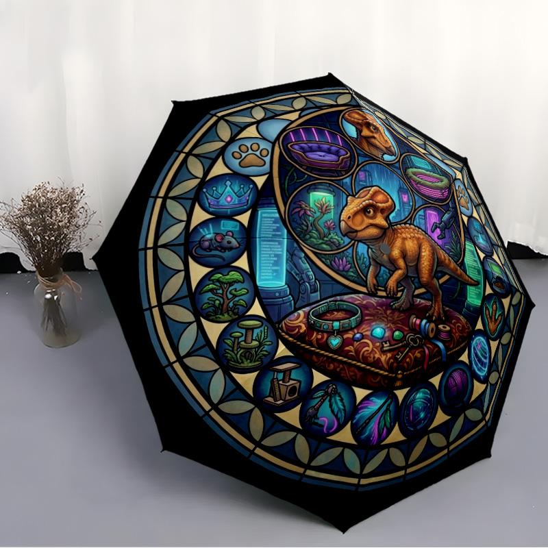 Dinosaur Kingdom Glass pattern umbrella, portable and foldable design, 8 ribs, a casual accessory for Halloween, Christmas, and birthday gifts.