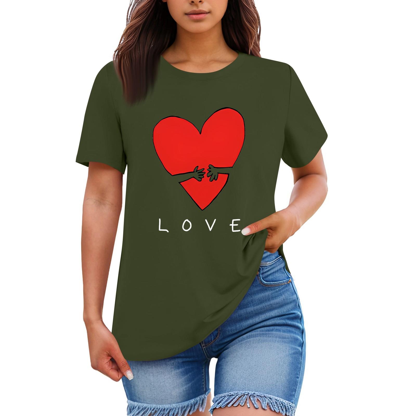 

Ladies Loose Comfortable Casual Fashionable Heart And LOVE Character Pattern Printed Round Neck Short Sleeved Shirt XL