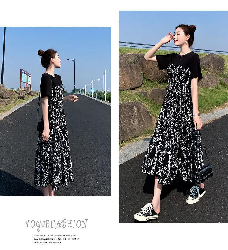 2022 Letní dámské květinové šaty ve stylu Hepburn střední délky s vysokým pasem a zeštíhlujícími krátkými rukávy