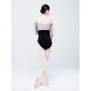 Womens Ballet Dance Leotard With Colorblock Design 7/8 Sleeve Off-Shoulder Cut Stretchy Nylon Blend Studio Practice