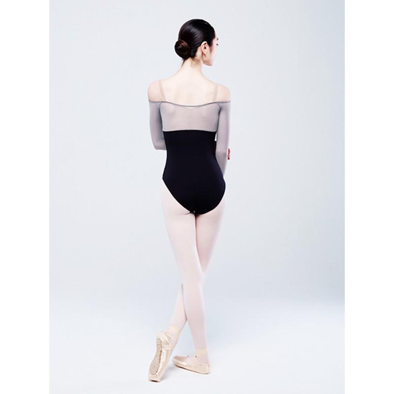Womens Ballet Dance Leotard With Colorblock Design 7/8 Sleeve Off-Shoulder Cut Stretchy Nylon Blend Studio Practice