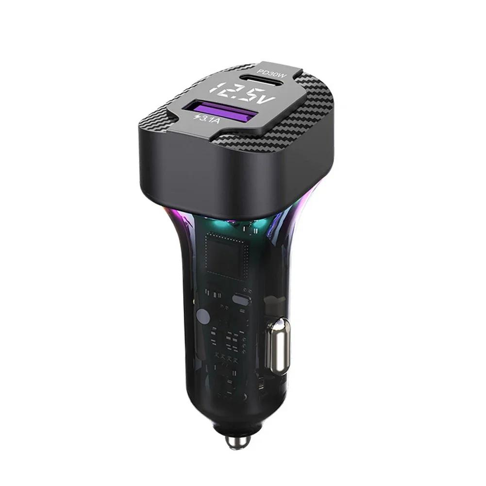 Car Fast Charger with Spring Wire Atmosphere Light Cigarette Lighter Converter PD 30W 3 Output 12V-24V for Mobile Phone Camera