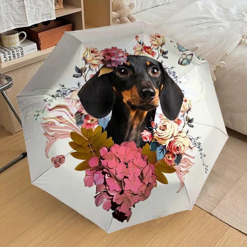 1pc Floral Dachshund with Butterflies Umbrella with Plastic Handle,Suitable for All Seasons Home Travel Outdoor UmbrellaDD1771