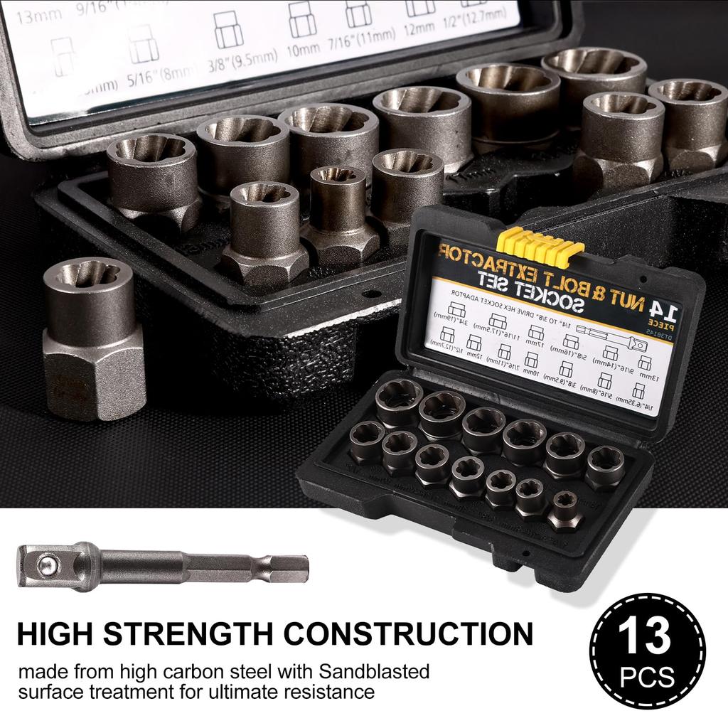 14 Pieces Impact Bolt & Nut Remover Set Cr-Mo Steel Bolt Extractor Tool Set with Solid Storage Case for Industrial Drop Shipping