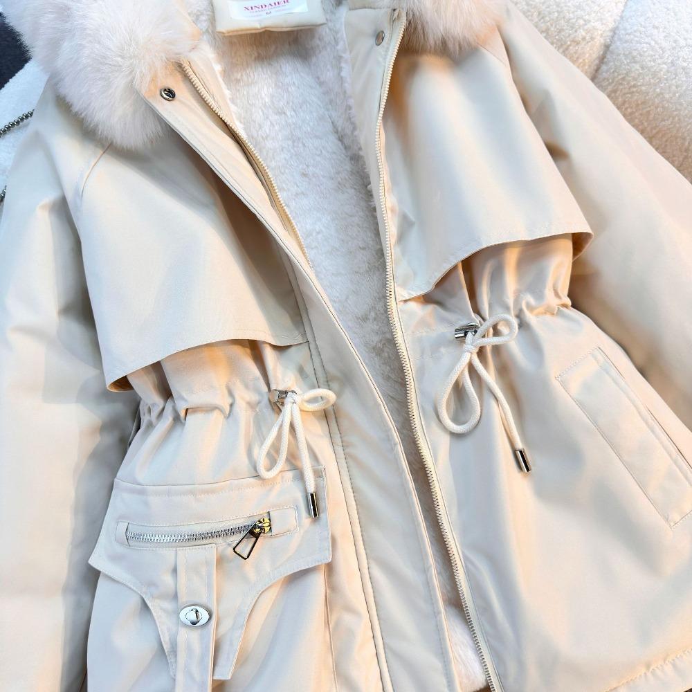 Women's Winter Parka Coat Large Fur Collar Fashion Versatile Fleece Lined All-In-One Warm Jacket Thick Outerwear