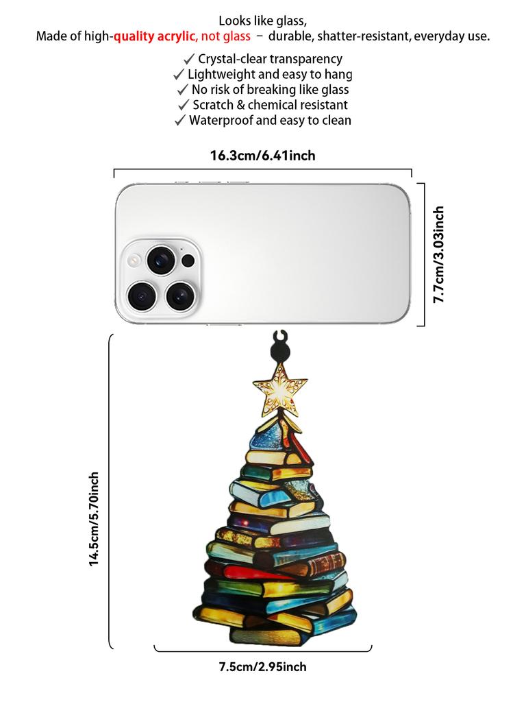 Christmas Tree Shaped Hanging Ornament, Colorful Stacked Books Design with Star Topper, Festive Gift for Book Lovers & Xmas Tree