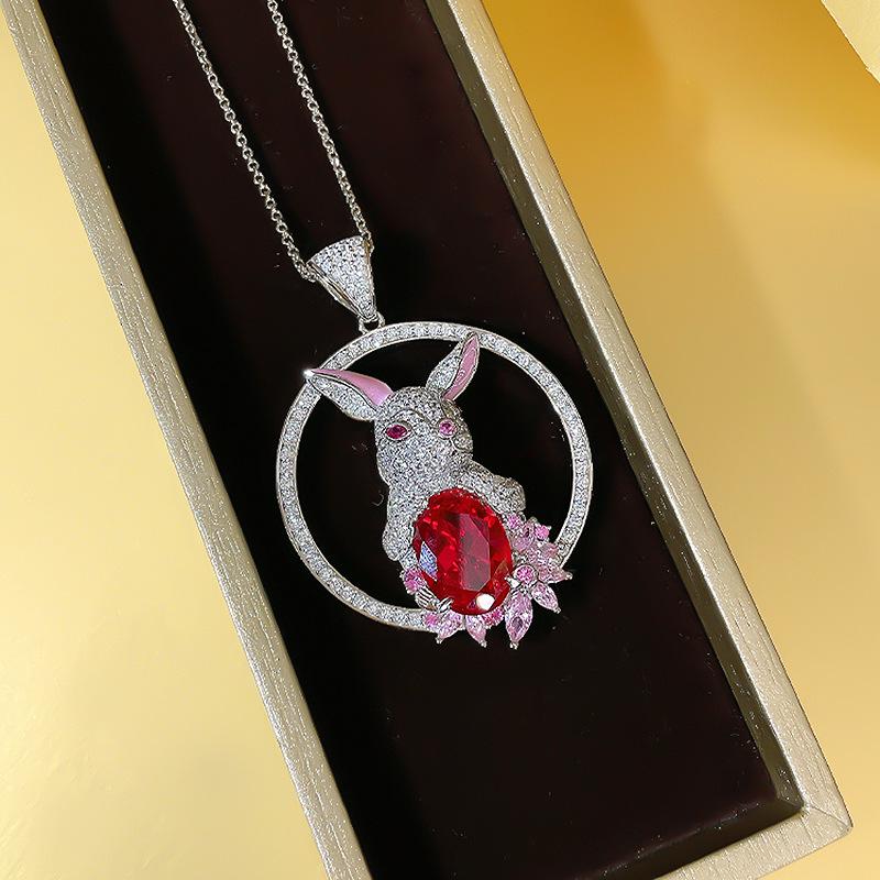 Lulu Tong Women's 925 Sterling Silver Rabbit Necklace with Pigeon Blood Red Stone - Ideal New Year Gift for Girlfriend