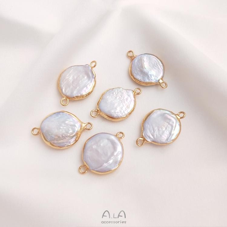 Natural Baroque Irregular Pearl Double Hole Rice Bead Flat Round Pendant for Handmade DIY Bezel Setting