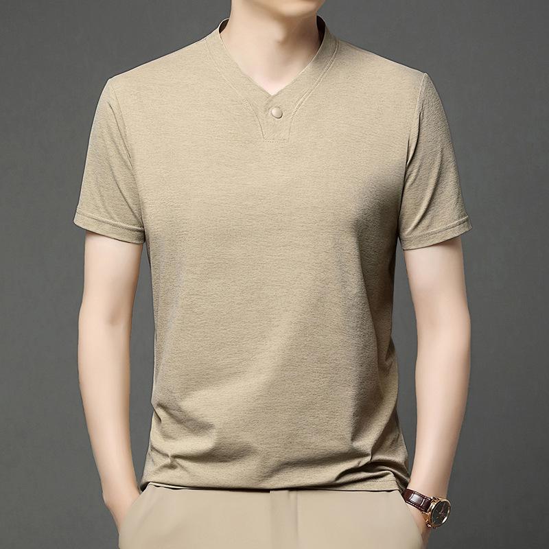 Men’s Summer 2025 V-neck Single-button Short Sleeve Breathable T-shirt