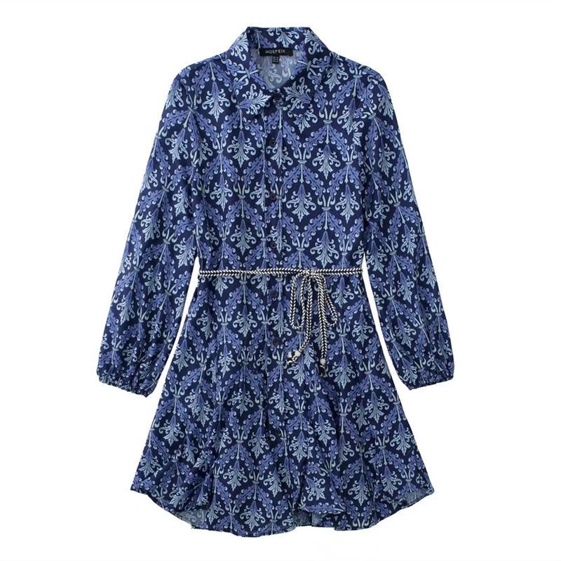 Vår Dame Snøring Trykket Langermet Underskjørtstil Mini Kjole