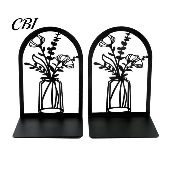 Metal Bookend 1 Pair Flower Bookends, Decorative Vase Book Ends for Shaped Shelves, Black Holder Stopper Home Office Reading Room Desktop