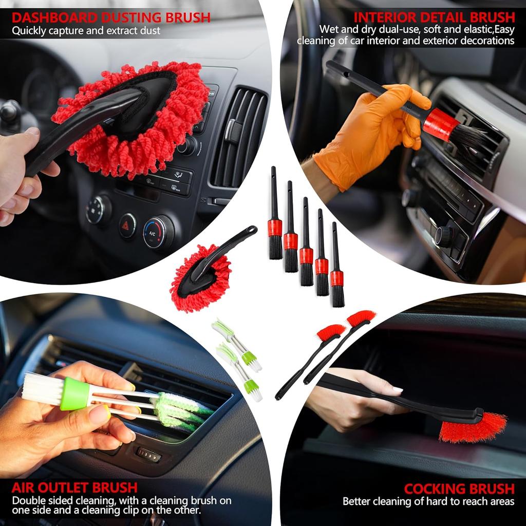 35Pcs Car Detailing Kit, Drill Brush Attachments with Detailing Brush Set and Tools Box, Red Auto Cleaning Kit Interior for Wheels Dashboard Windows