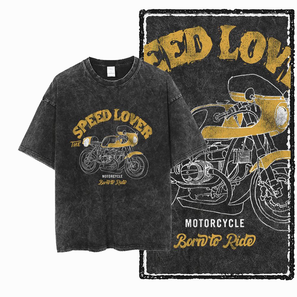 

YM MOTOR CYCLE THEME Printed Cotton Acid Washed Graphic Unisex T Shirt Cool Streetwear Men Tshirts Big Size Tee for men M