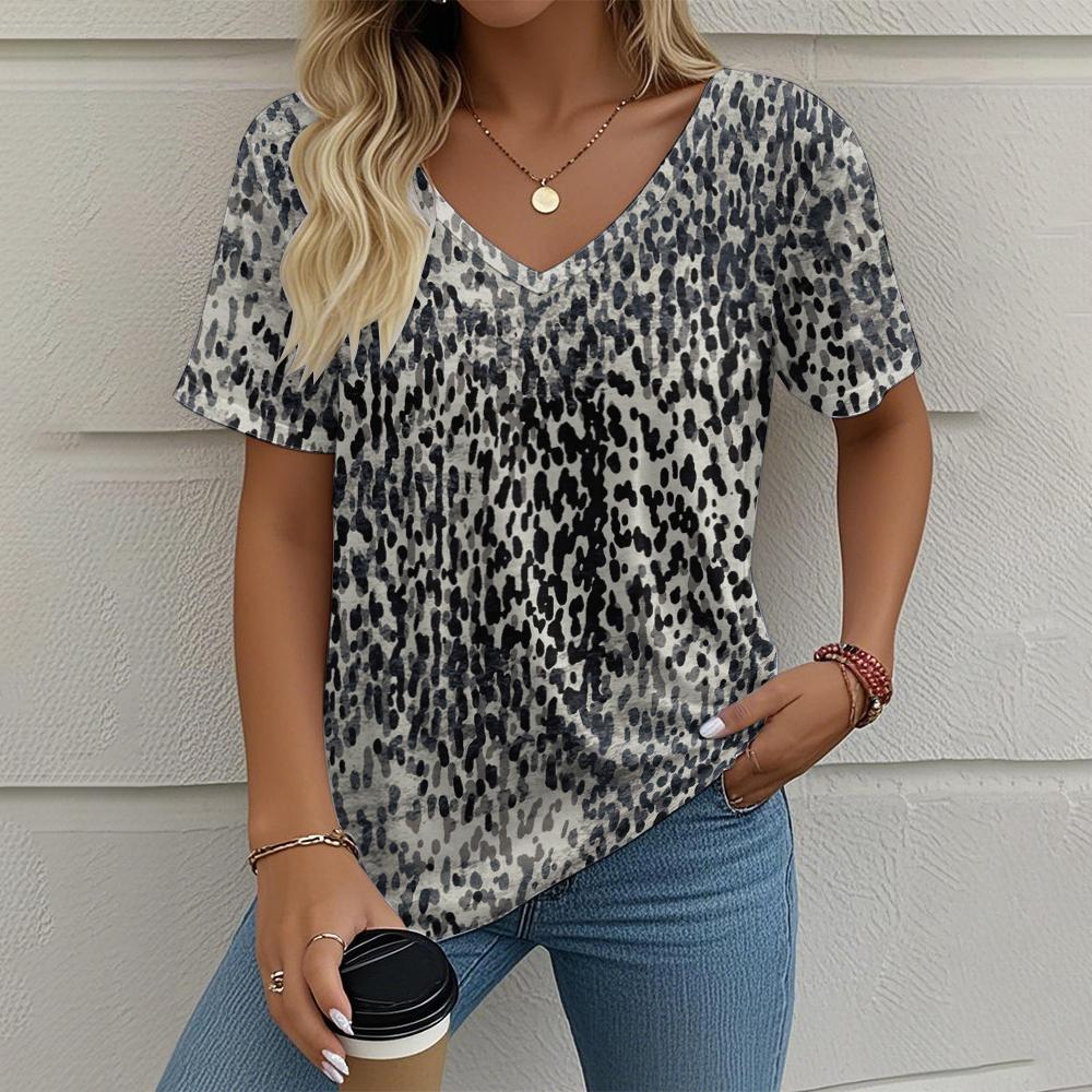 Damen T-Shirt mit Leopardenmuster Lässiges Muster Print Sommer Retro Kleidung, Outdoor V-Ausschnitt Kurzarm Street Fashion