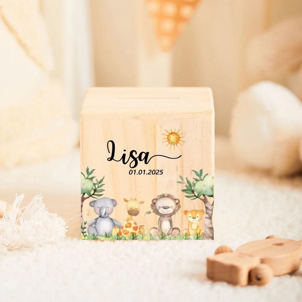 Children's Piggy Bank with Name Personalized Money Wooden Box Cute Animal Pattern Collection Box New Baby Gifts