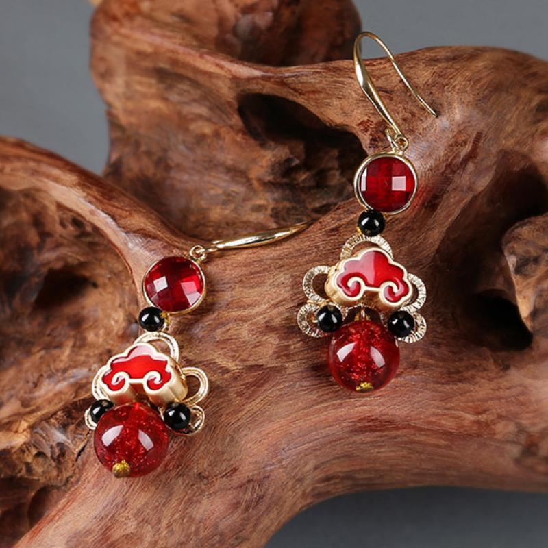 GemChic Women's New Vintage Red Coloured Glaze Alloy Tassel Fringe Earrings Ethnic Fashion Hook Earrings Birthday Christmas Jewelry Gift