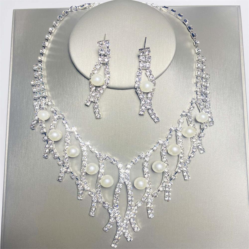 Women's Rhinestone Pearl Jewelry Set - Bridal Necklace & Earrings for Weddings
