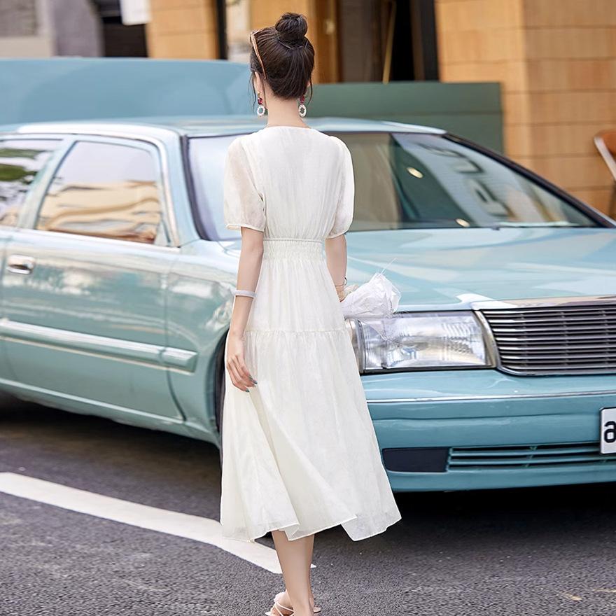 Popular Pink Dress Medium and Long Women's Summer New Waist Popular Beautiful Casual Bubble Sleeve Skirt