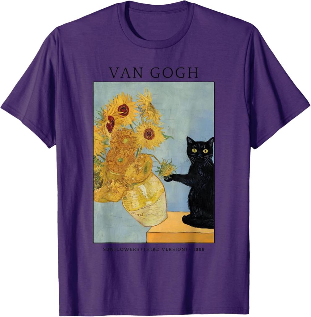 Černá kočka Van Gogh Slunečnice Umělecká parodie Grafické tričko Měkká bavlna Ležérní tričko s kulatým výstřihem