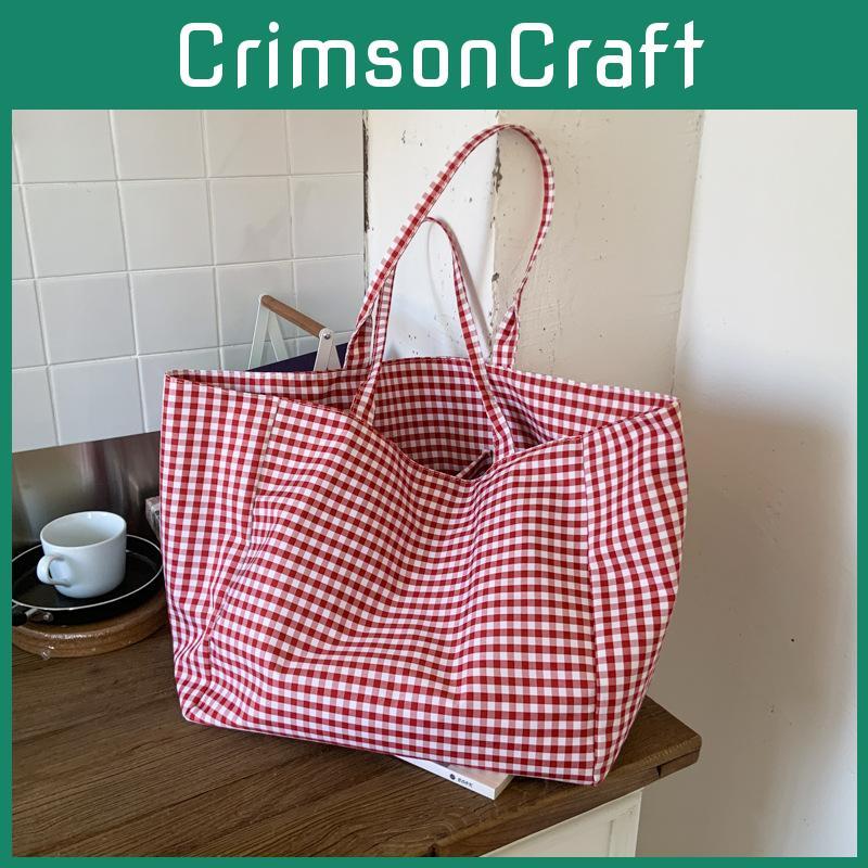 Simple Checkered Pattern Large Capacity Women Casual Canvas Tote Bag Daily For