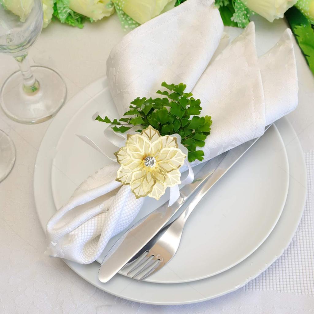 Metal Hollow Flower Rhinestone Napkin Ring for Home and Restaurant Table Decor