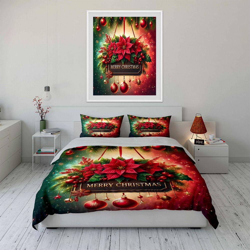 Christmas Poinsettia Decor Set Bedding Duvet Cover Set Duvet Cover Pillowcases  (1*Duvet Cover 2*Pillowcases, Without Duvet Insert)