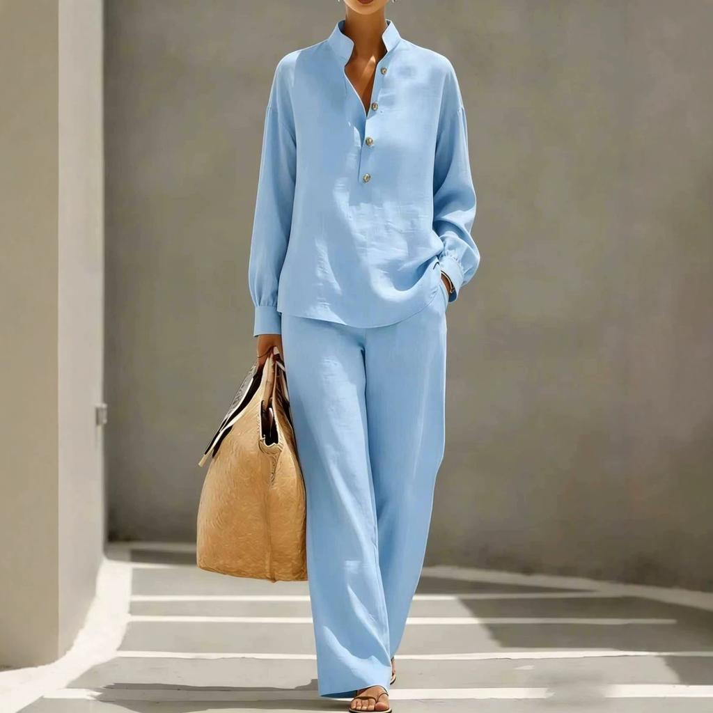 Women's Casual Long Sleeve Shirt and Wide Leg Pants Set Button Front Relaxed Fit Two Piece Outfit for Everyday Wear