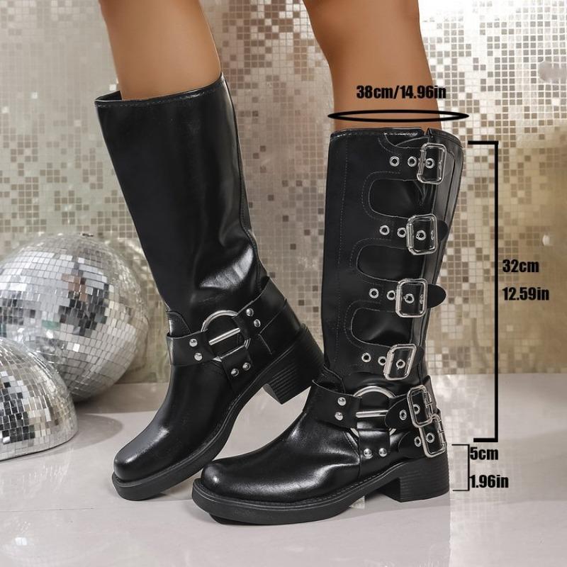Belt Buckle Retro High Boots, Fashion Boots, Women's Shoes, New Long Boots, Chunky Leather Boots