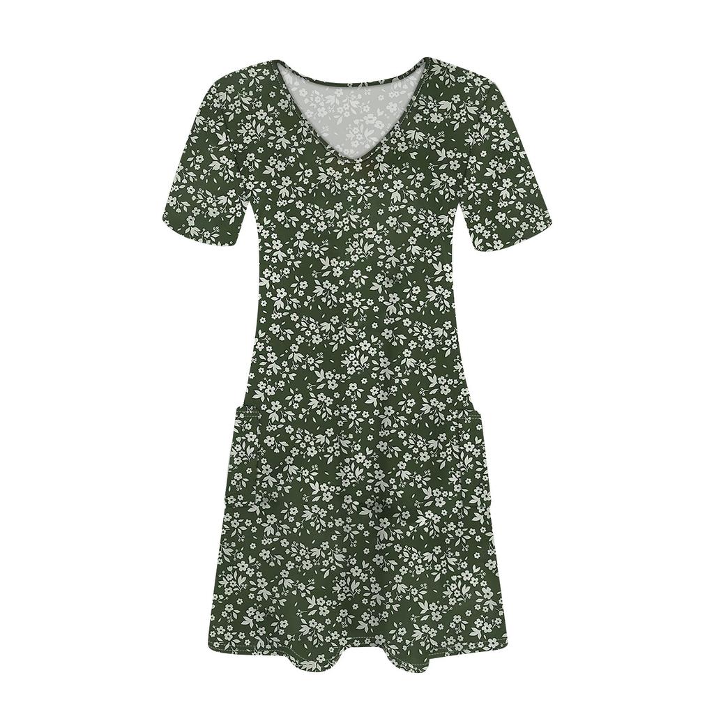 Women's Fashion Casual Printed With Pockets Bohemian Beach V-Neck Short Sleeve Dresses