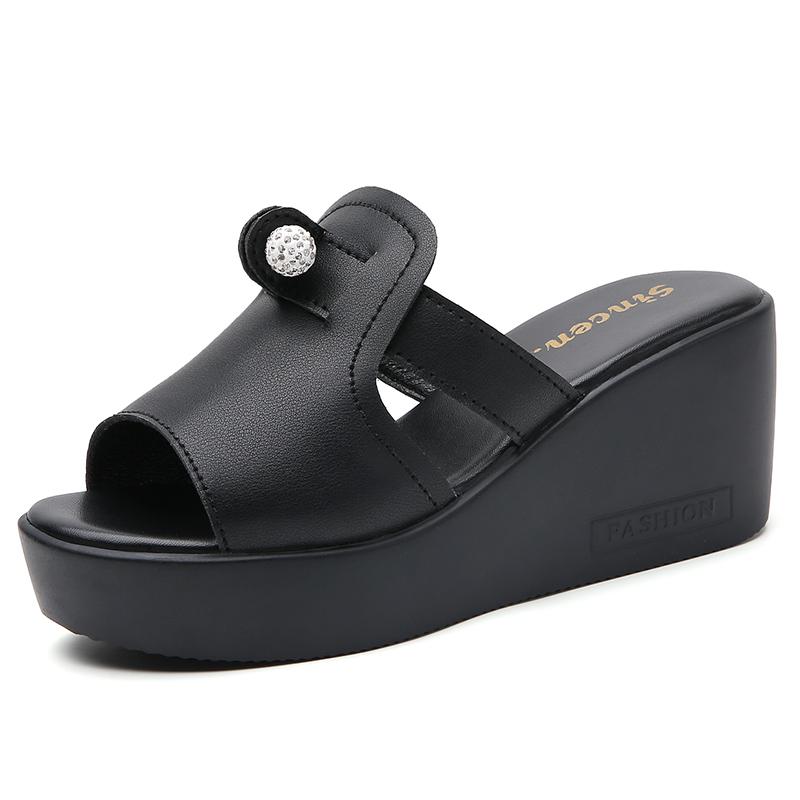 Women White Slide Slippers Summer Open Toe Chunky Wedge Shoes Lady Black Casual Thick Sole Platform Slippers
